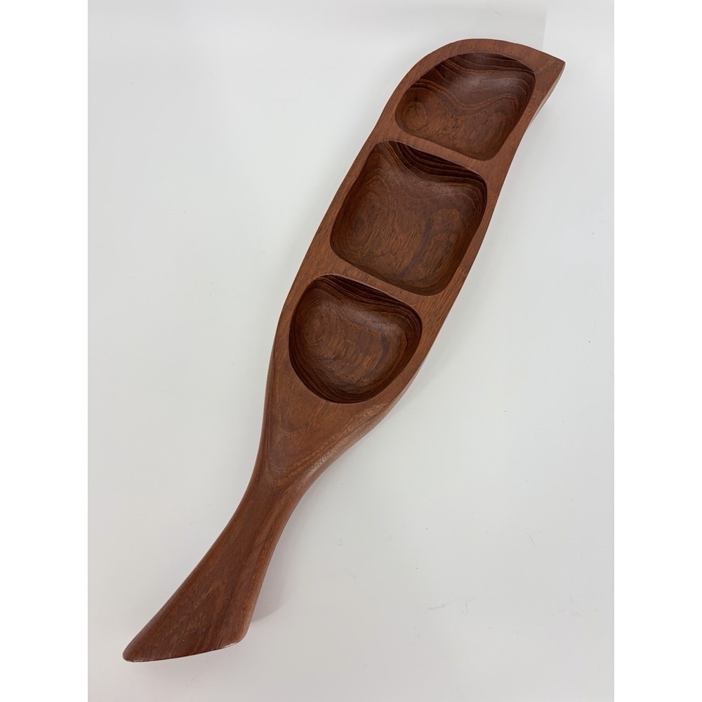 Vintage MCM Teak Wood 3 Section Divided Serving Dish Hand Carved Tray